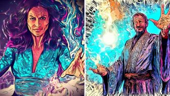 AI art of two wizards, in comic-book-style form